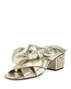 Leather Bow Chunky-heel Sandal, Gray Glitter