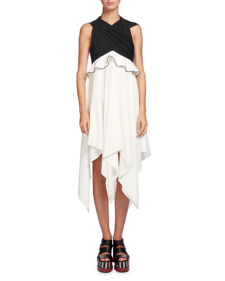 Sleeveless Waisted Crepe Dress, Black/white