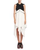 Sleeveless Waisted Crepe Dress, Black/white