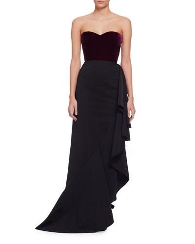 Strapless Sweetheart Velvet Combo Gown, Aubergine
