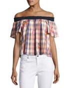 Off-the-shoulder Plaid Top, Red Pattern