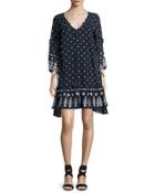 Bell-sleeve Embroidered Ruffle Dress, Navy