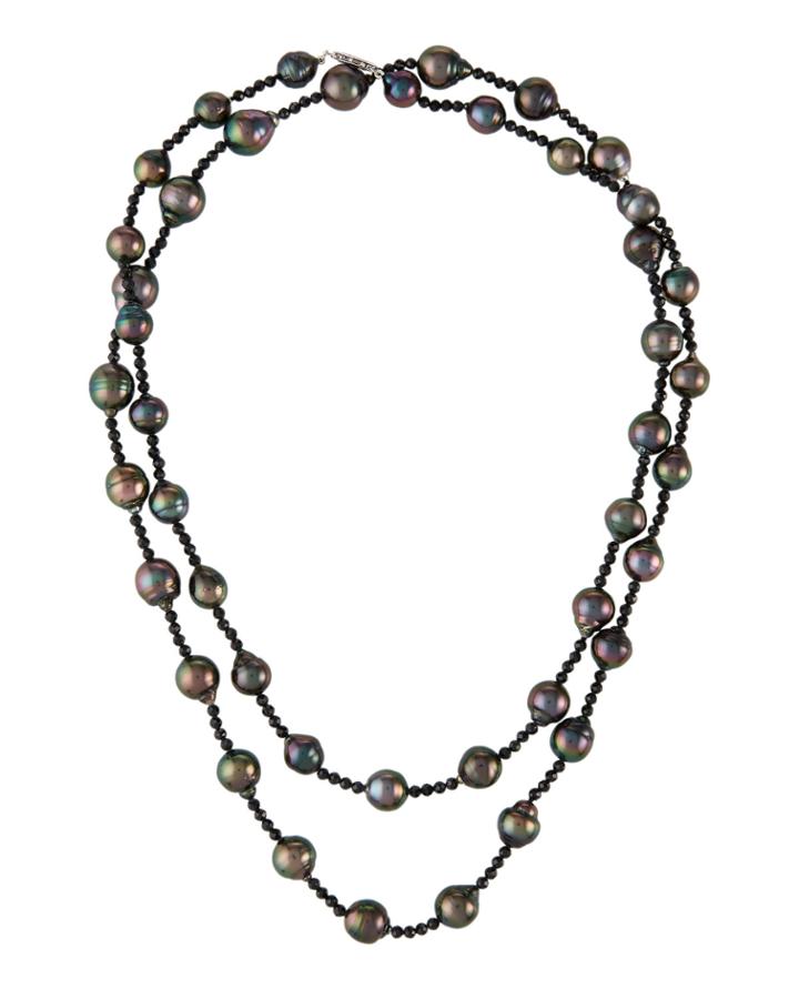 14k White Gold Long Tahitian Pearl And Spinel Necklace