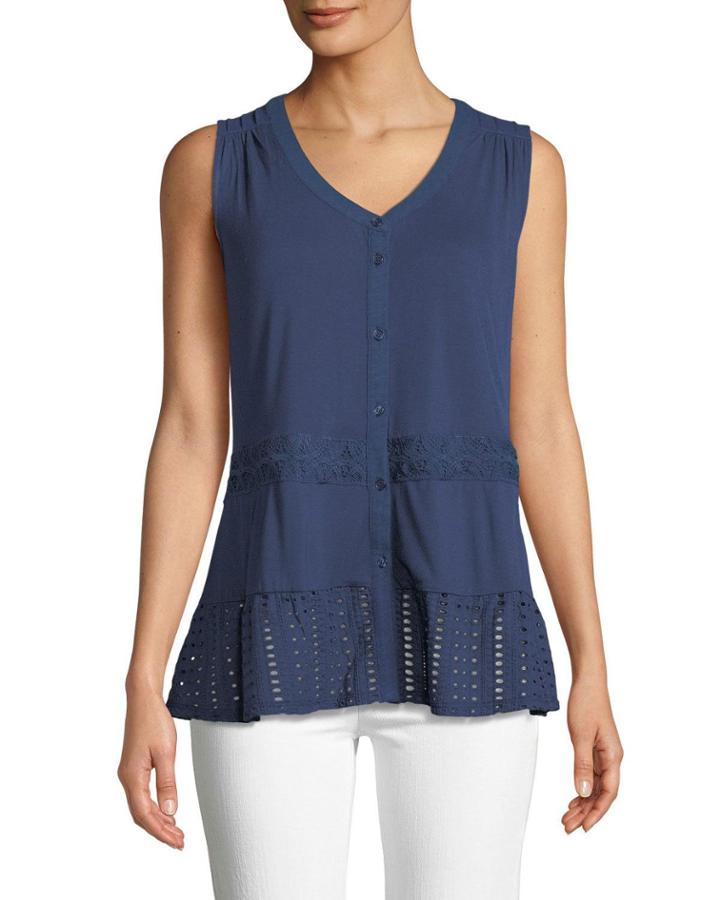 Lace-trim Jersey Button-front Blouse
