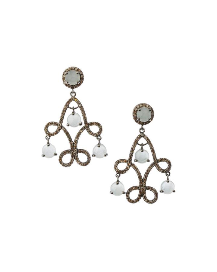 Silver Scroll Drop Earrings With Champagne Diamonds & Aquamarine