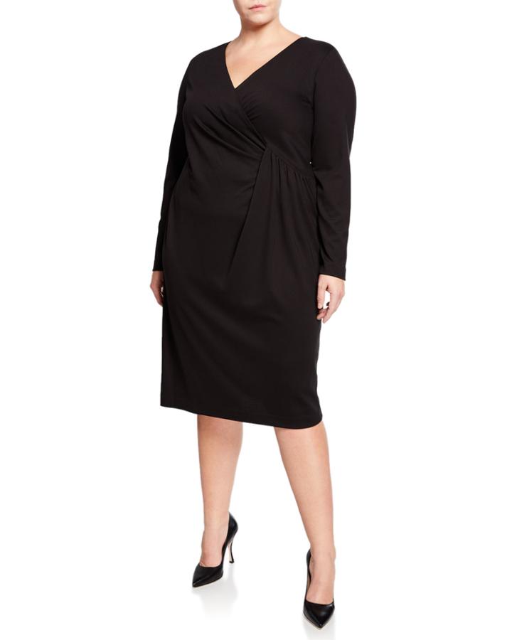 Long-sleeve V-neck Dress With Pleated Drape,