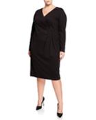 Long-sleeve V-neck Dress With Pleated Drape,