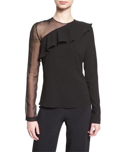 Bella Ruffled Long-sleeve Blouse, Black