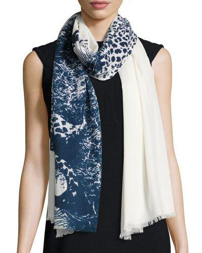 Cheetah-print Oblong Scarf, White/blue