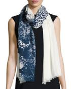 Cheetah-print Oblong Scarf, White/blue