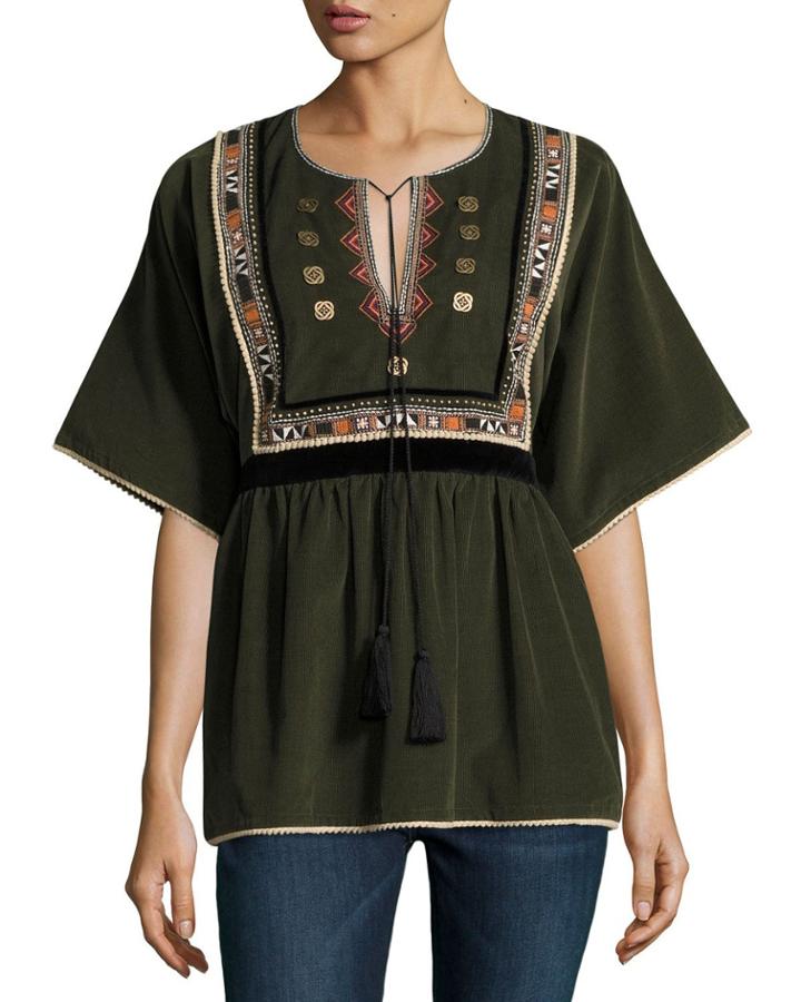 Embroidered Corduroy Peasant Blouse