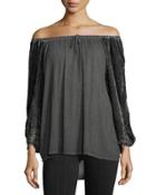 Velvet-sleeve Off-the-shoulder Blouse