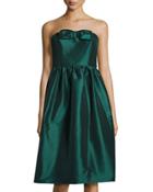 Strapless Taffeta Dress With Front Bow, Evergreen