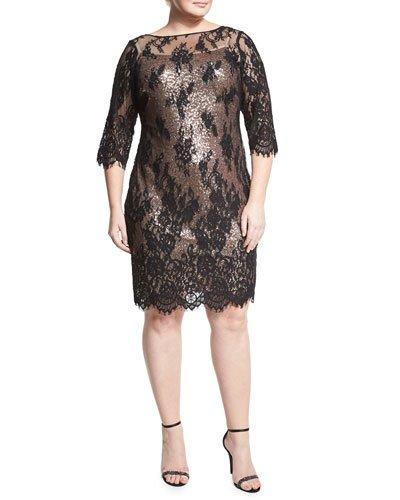 Lace-overlay Sequined Dress, Black,