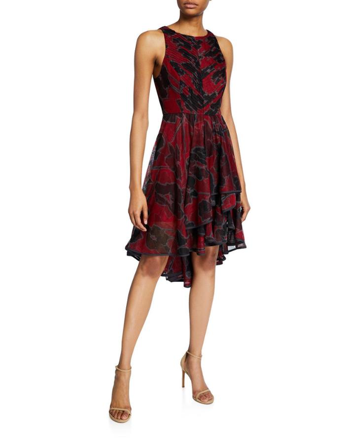 Floral-print Sleeveless High-low Tulle Dress