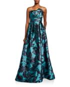 Strapless Bustier Brocade A-line Gown With Draped Bodice