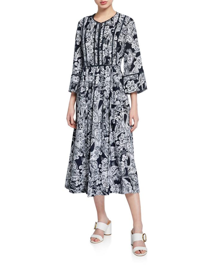 Pleated Paisley Wide-sleeve Dress