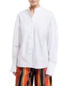 Long-sleeve Button-front Pintuck Cotton