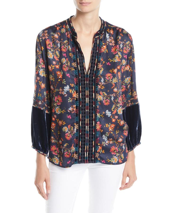 Paris Effortless Velvet-trim Blouse,