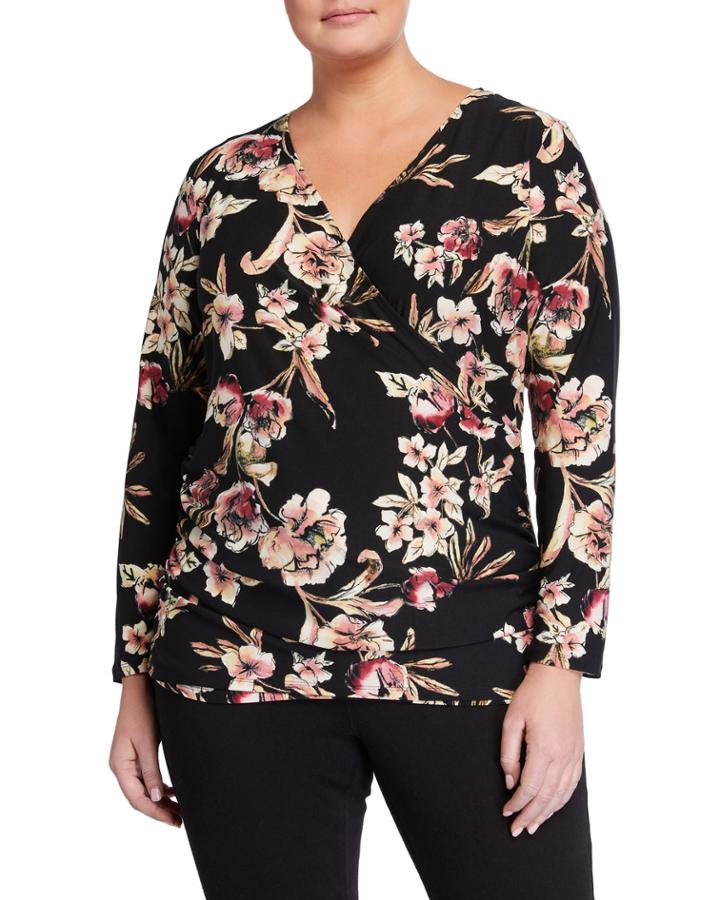 Plus Size Floral Wrap-front Shirred Long-sleeve Top