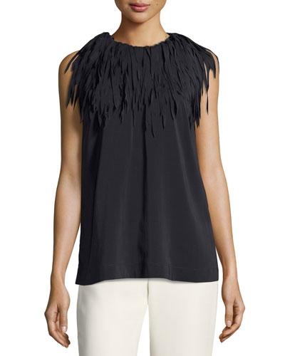 Silk Fringe-trim Sleeveless Top, Dark Gray