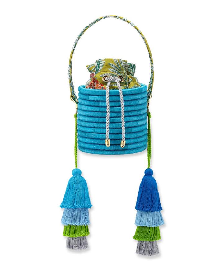 Monochrome Woven Straw Bucket Bag With Colorblock Tassels