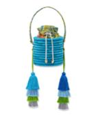 Monochrome Woven Straw Bucket Bag With Colorblock Tassels