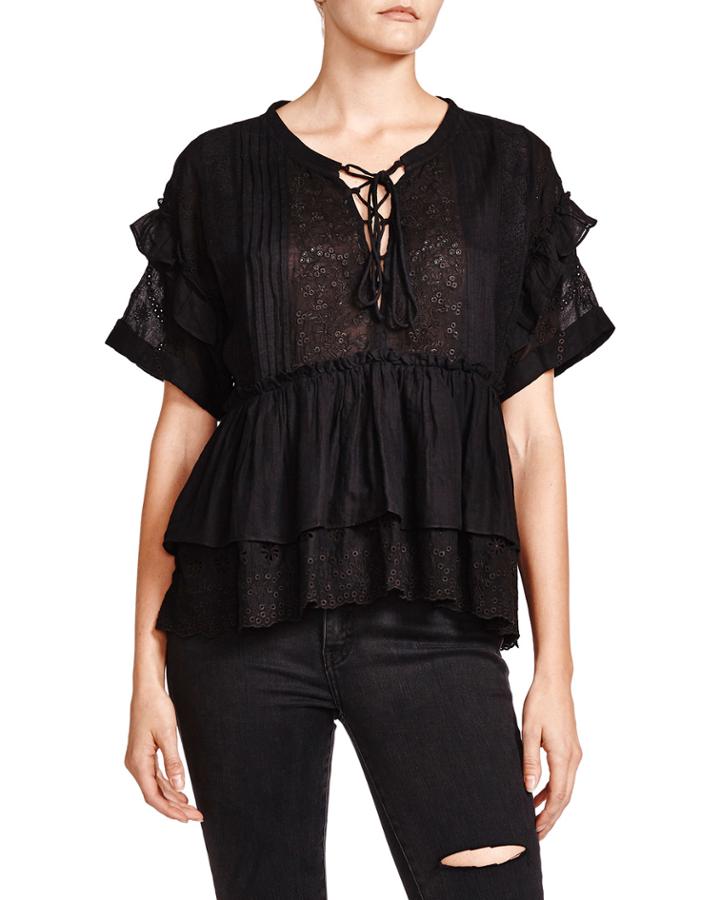 Broderie Anglaise Lace-up Peasant Blouse