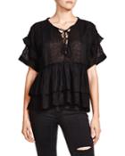 Broderie Anglaise Lace-up Peasant Blouse