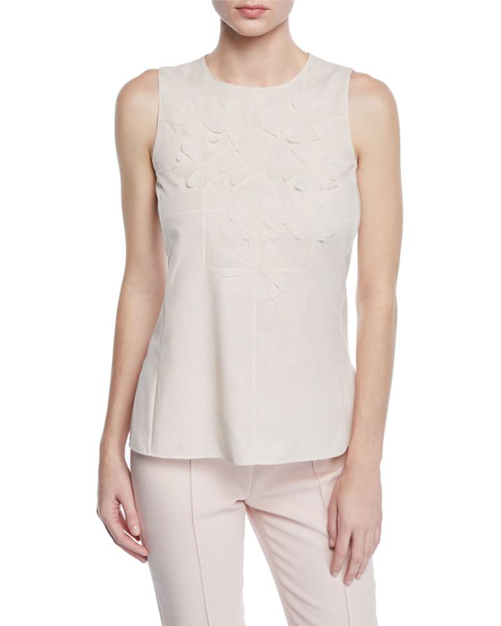 Sleeveless Round-neck Floral-embellished Cotton Voile Blouse