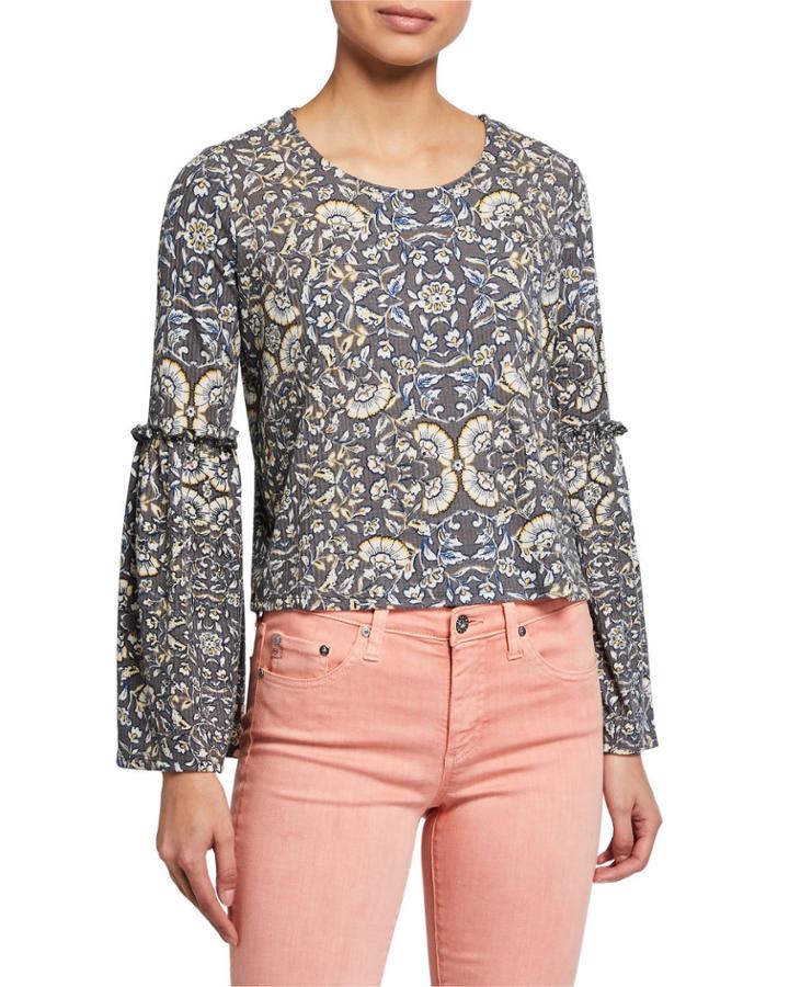 Printed Bell-sleeve Rib-knit Blouse