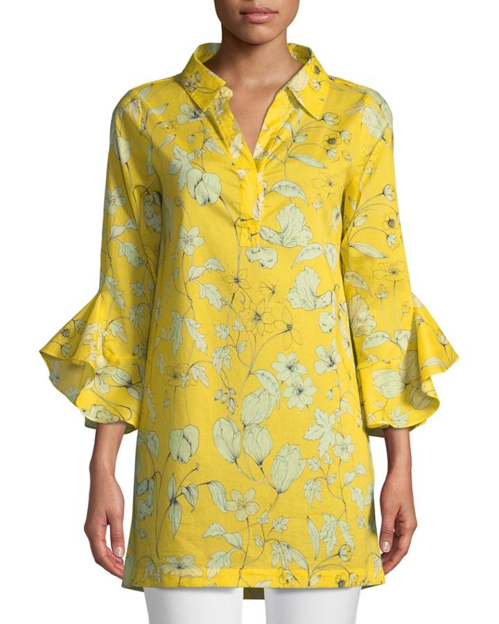 Floral-print Voile Bell-sleeve Tunic
