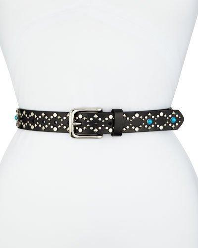 Studded Flat Strap Leather Belt, Black
