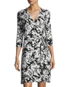 3/4-sleeve Confetti-print Wrap Dress