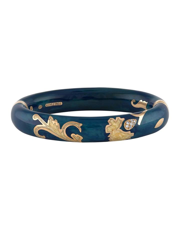18k Rose Gold Flower Enamel Bangle W/ Diamonds, Blue