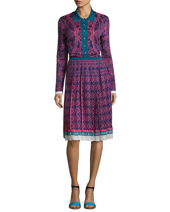 Knit Jacquard Button-front Sweaterdress, Pink/blue