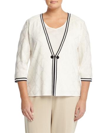 Ming Wang Plus Striped-trim Center-button Jacket, White/navy, Women's,