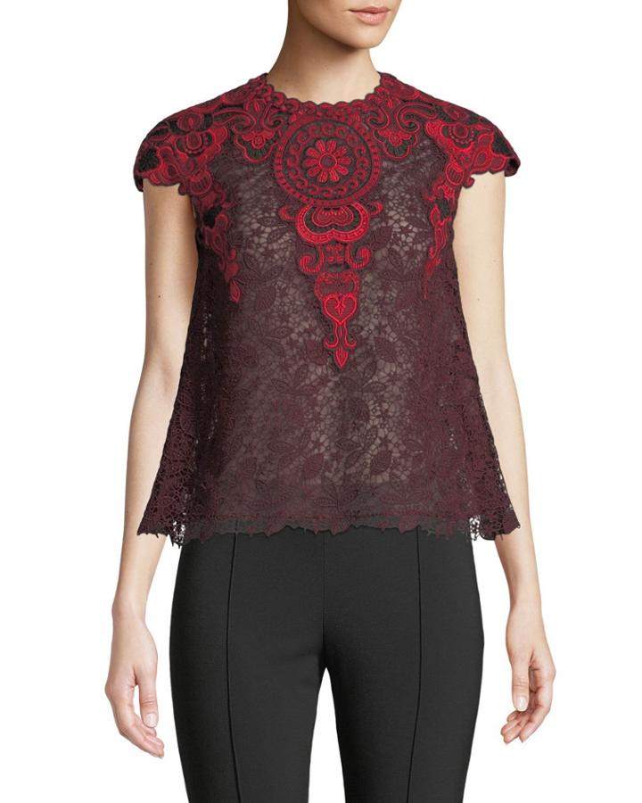Embroidered Lace Cap-sleeve Blouse