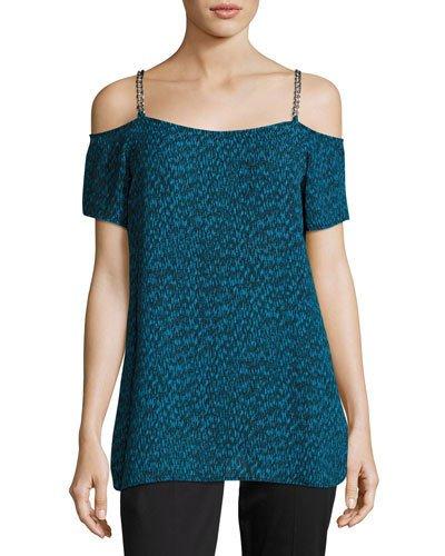 Cold-shoulder Chain-trim Top, Blue Pattern