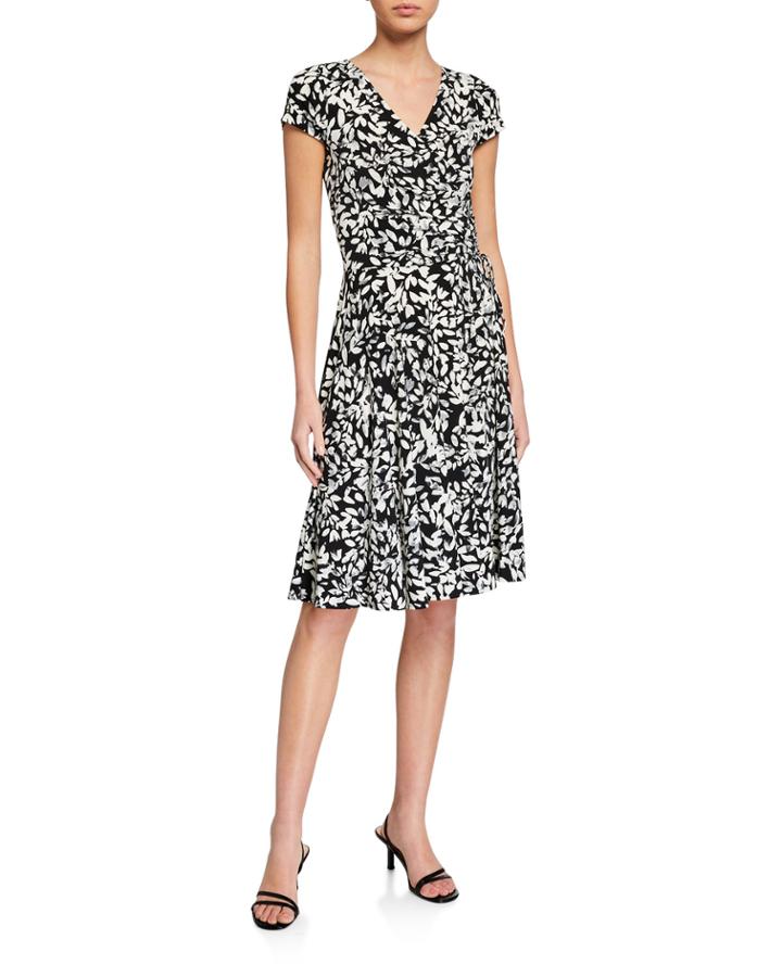 Leaf-print Drawstring Ruched Fit-&-flare Dress