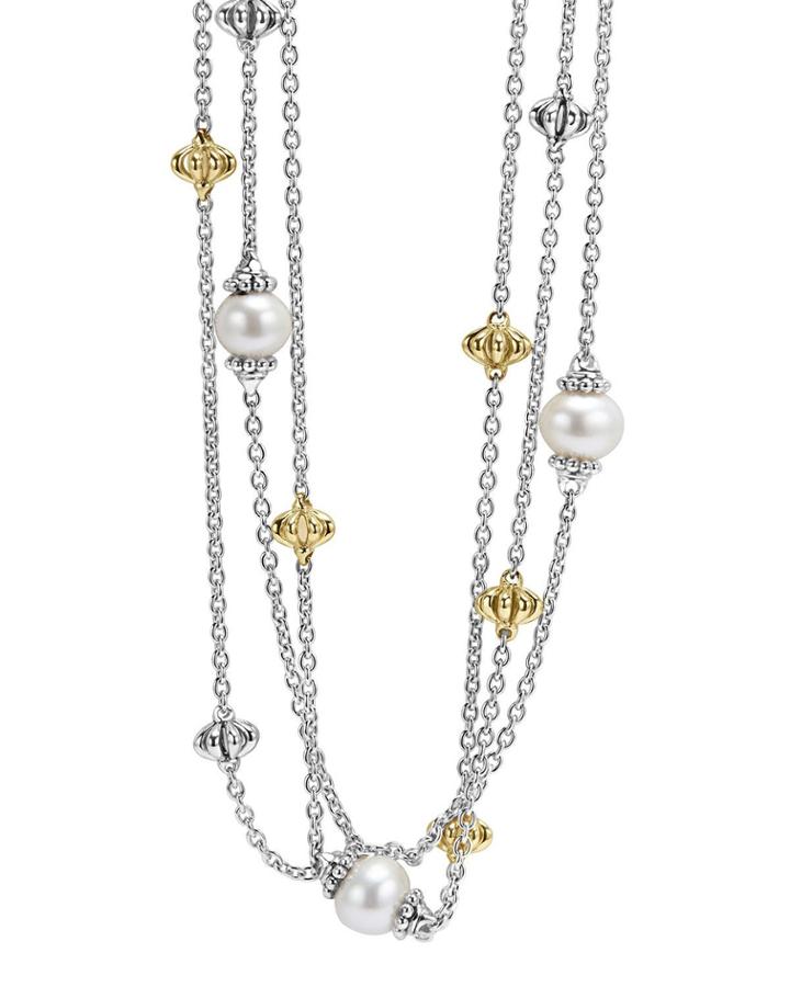 Luna Birdcage Three-strand Pearl Station Necklace