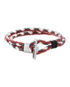 Men's Two-row Braided Leather Bracelet, Red/grey/white