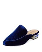 Adria Velvet Mules With Jeweled Heel, Blue