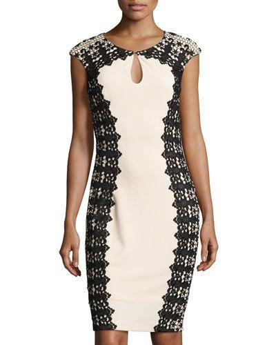 Lace-trim Keyhole Crepe Sheath Dress,