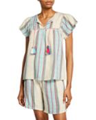 Getty Striped Tassel-neck Short-sleeve Top