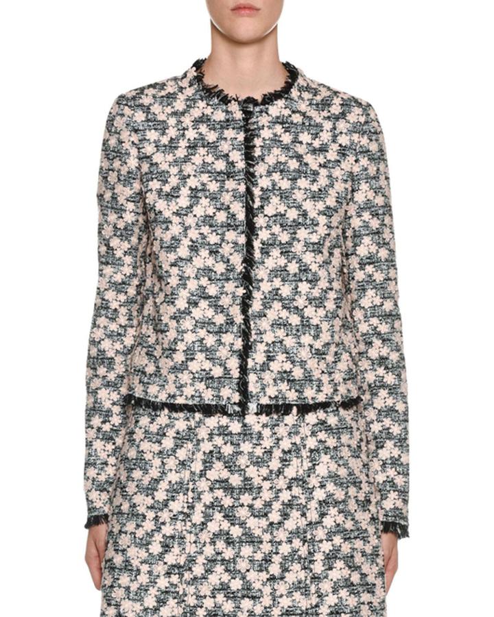 Fringe-hem Floral-embroidered Tweed Jacket