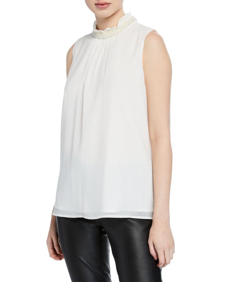 Pearly Mock-neck Sleeveless Blouse