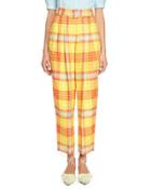 Belted Pleated Plaid Pants, Yellow/orange
