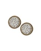 Round Pave Crystal Button Earrings, Gold/black
