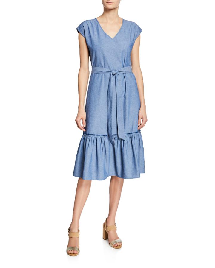 Ruffle Tie-waist Denim Dress